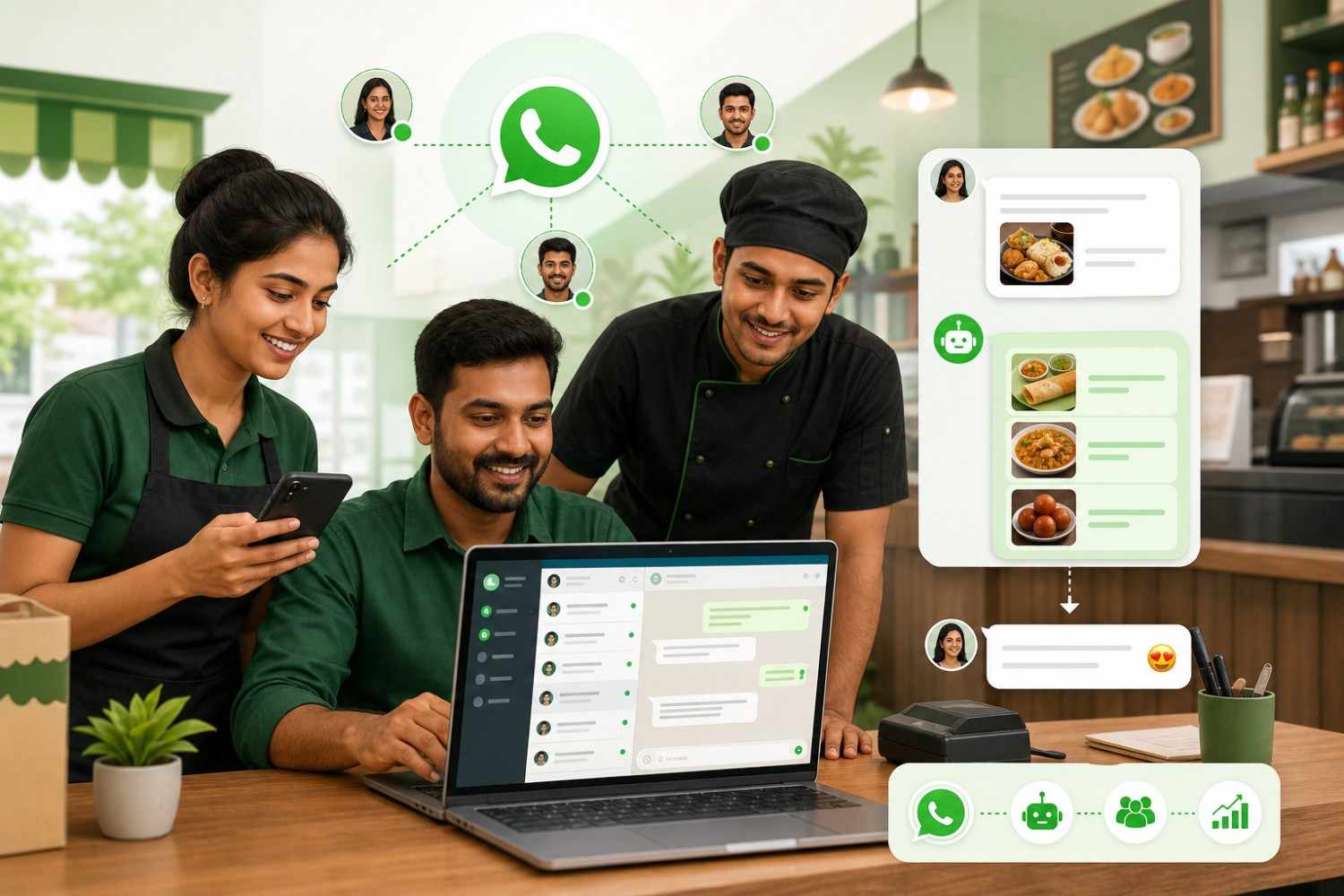 Team WhatsApp inbox with chatbot menu ordering and customer support