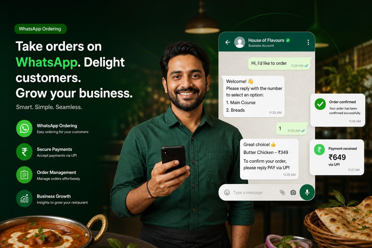 Restaurant owner taking WhatsApp food orders — Butter Chicken menu, UPI payment, zero commission