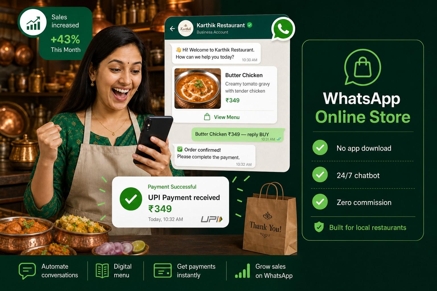 Shop owner selling on WhatsApp — catalog, chatbot, UPI payment, zero commission