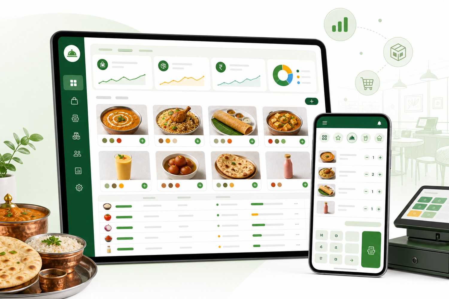 Catalog menu management and POS billing for restaurants and shops