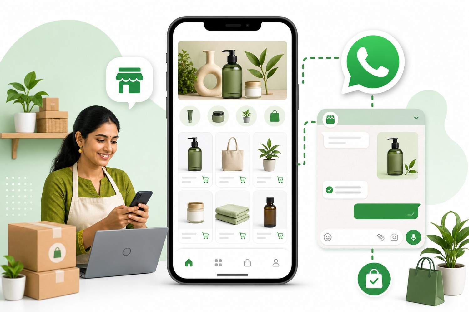 Online storefront linked to WhatsApp for product catalog browsing