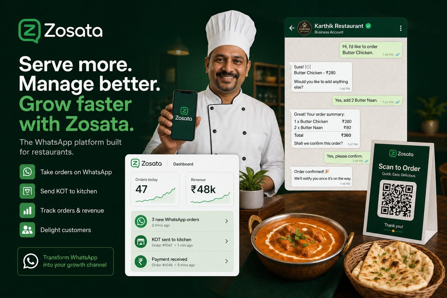 Restaurant WhatsApp ordering — QR scan, chatbot menu, kitchen KOT, order dashboard