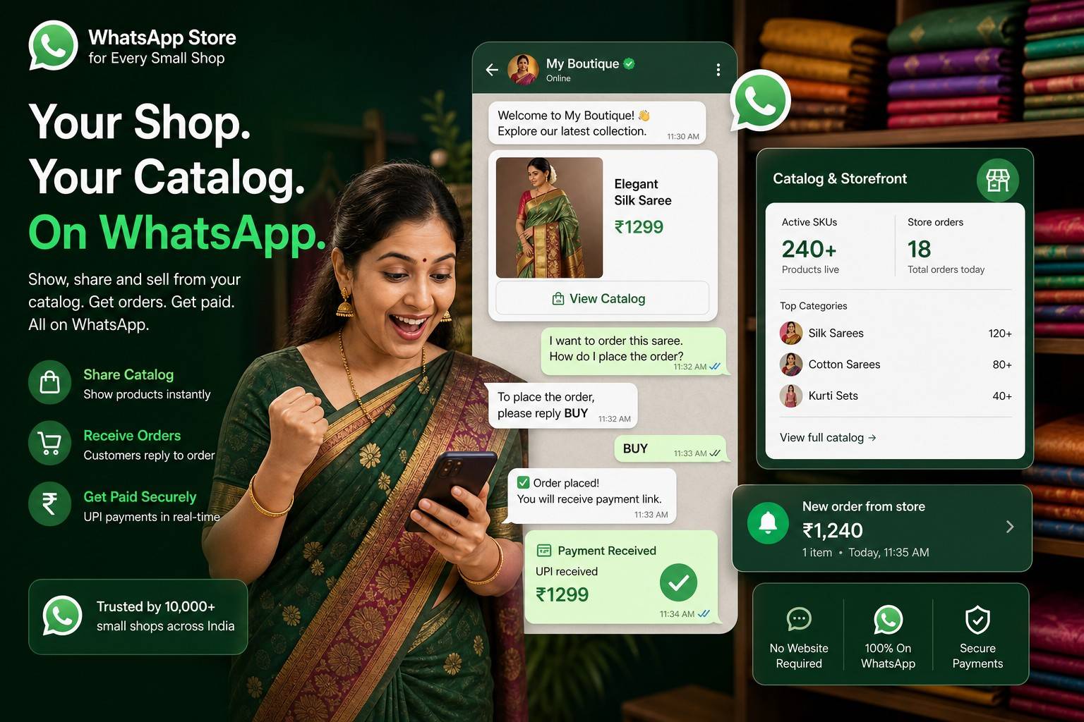 Shop WhatsApp store — product catalog, online storefront, UPI payments